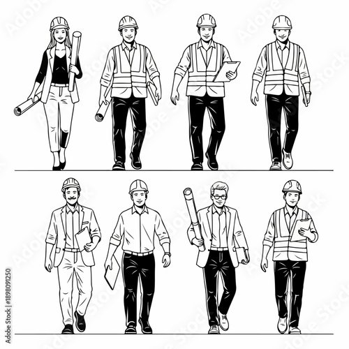 Black and white vector illustration depicting a diverse group of construction and engineering professionals, including architects and workers in hard hats, walking confidently.