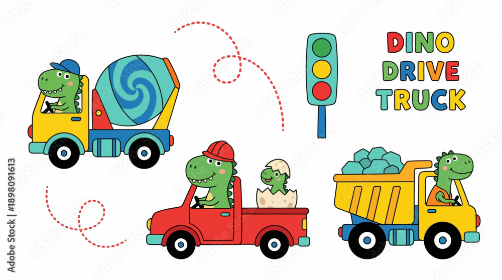 Fototapeta premium Adorable Cartoon Dinosaurs Driving Construction Trucks: Cement Mixer, Dump Truck, and Pickup Vehicle Set