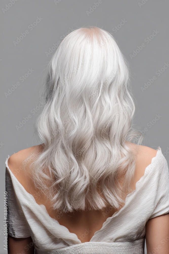 Naklejka premium Female with long white hair from back view in elegant white dress