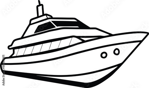 Luxury Yacht Sailing on Ocean, Modern Motor Boat Line Art Vector Illustration Isolated on White
