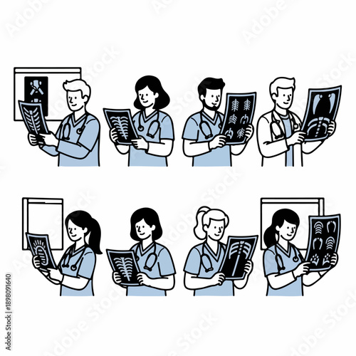 Medical team analyzing patient radiographs for diagnosis, healthcare professionals holding X-ray images in a simple line art style.