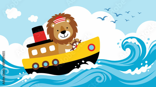 Happy Cartoon Lion Captain Steering a Steamboat on Big Waves. Nautical Adventure Vector Illustration for Kids and Children's Media.