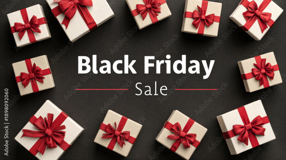 Fototapeta premium Black Friday sale features a minimalist banner with the text at the top. Below are various gift boxes with bows arranged in a flat design style