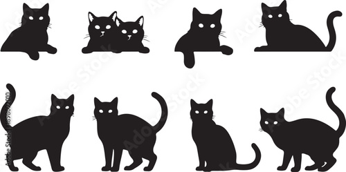 Eight black cats in various poses against a white background isolated on white background, Vector