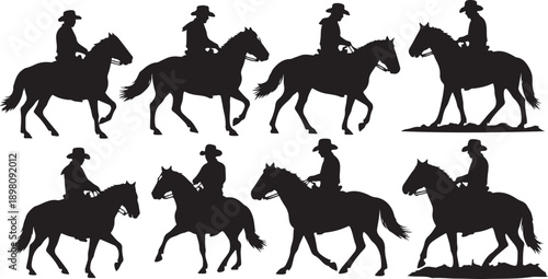 A collection of black silhouettes of people riding horses in various dynamic poses isolated on white background, Vector