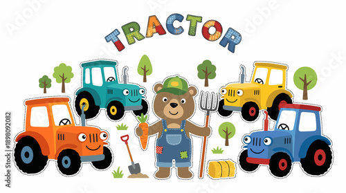 Adorable Farmer Bear and Four Colorful Cartoon Tractors Illustration. Patchwork Farm Vehicles for Kids' Education and Playtime.