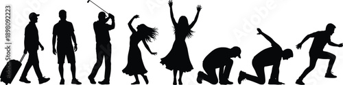 Active People Silhouette Collection, Travel Traveler, Golfer Swing, Dancing Woman, Happy Celebration, Athlete Running, Crouched Sprinter, 