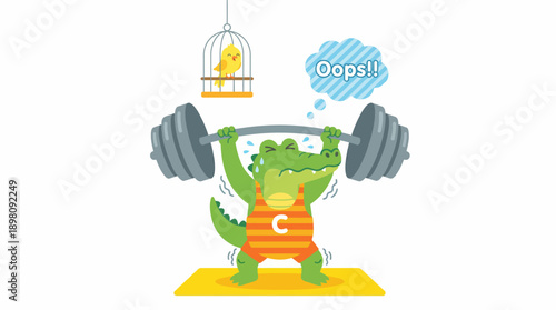 Funny Cartoon Crocodile Struggling to Lift Heavy Barbell and Saying "Oops!!" Fitness Failure, Weightlifting Humor, Mascot Design