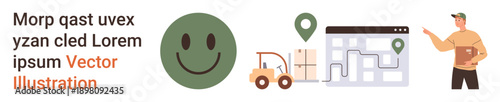 Logistics, delivery services, transportation, navigation, cargo management, route optimization. happy face, forklift moving a load map with location pin delivery worker pointing. Logistics