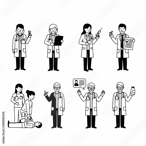 Monochrome illustration set of doctors and healthcare professionals performing various medical tasks, including consultation, injection, CPR, and diagnosis.