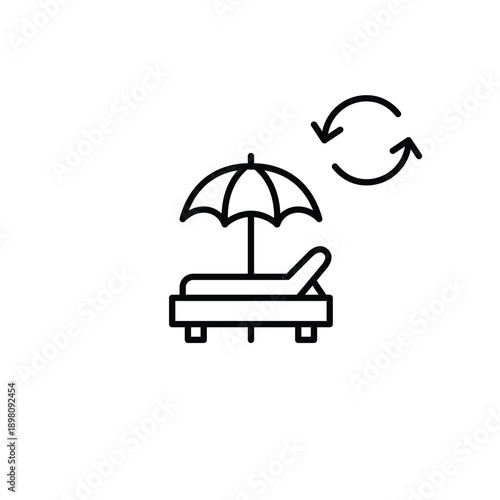 Sun bed on the beach with umbrella and renew arrows. Vacation renewal, travel cycle. Pixel perfect, editable stroke vector icon