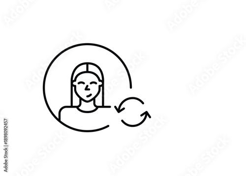Account renewal, subscription refresh, digital profile update. Female user avatar and renew arrows. Pixel perfect, editable stroke vector icon