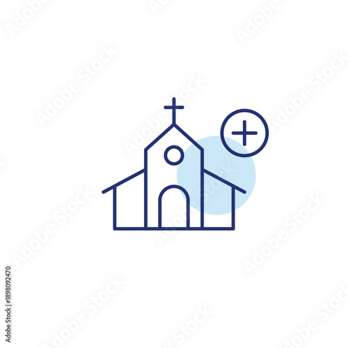 Community growth, parish support. Church and plus symbol. Pixel perfect, editable stroke vector icon