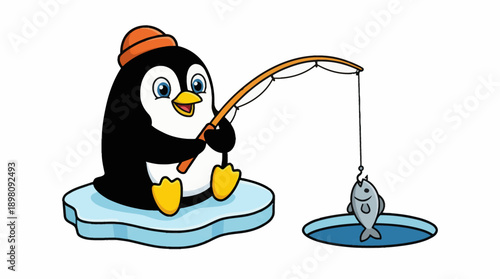 Cute Cartoon Penguin Ice Fishing on an Ice Floe. Happy Bird Character Wearing a Beanie Catches a Fresh Fish with a Fishing Rod. Isolated Vector Illustration.