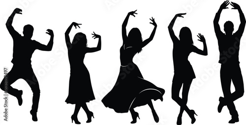 Black silhouette set of people dancing in expressive poses, male and female figures for party, celebration, and music event vector illustration designs,