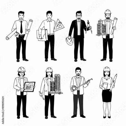 Black and white illustration of architects and engineers collection, holding blueprints, tools, and building models, representing construction and design professionals set.