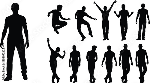 Collection of black silhouettes of men in various poses standing and jumping, male figure set for fashion design, lifestyle, and character reference vector