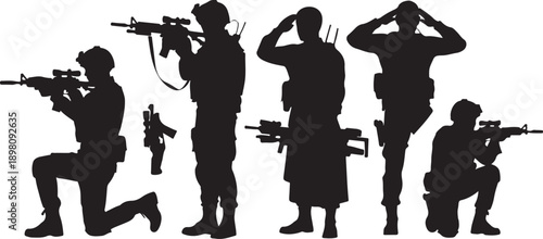 Silhouettes of soldiers in various combat poses with weapons isolated on white background, Vector