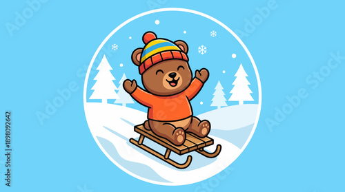 Cute Cartoon Bear Sledding Vector Illustration. Happy Animal Mascot in Winter Hat Enjoying Snow Sports and Holiday Fun.