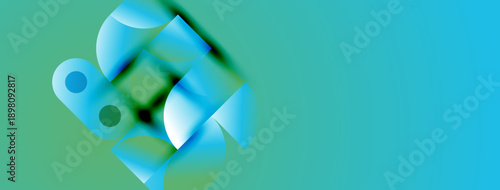 Abstract blue shapes overlap turquoise background. Modern design, smooth gradients create dynamic composition. Minimalist aesthetic.
