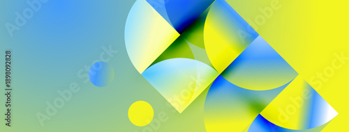 Abstract composition features vibrant blue, yellow gradients. Circular shapes overlap, creating dynamic visual effect. Smooth transitions dominate design.