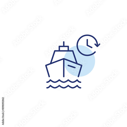 Cruise ship and clock. Arrival and departure schedules. Pixel perfect, editable stroke vector icon