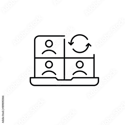 Video conference on laptop and renew arrow. Online meeting update, virtual call refresh. Pixel perfect, editable stroke vector icon