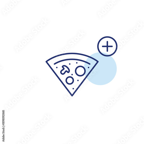 Add meal or ingredients to order. Pizza slice and plus symbol. Extra food, new flavors. Pixel perfect, editable stroke vector icon