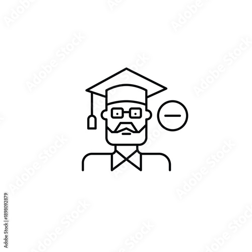 Elderly man in graduation mortar hat and minus. All-time education, degree cancelled. Pixel perfect, editable stroke vector icon