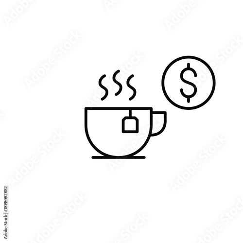 Cup of tea and dollar. Drinks price, budget friendly cafe. Pixel perfect, editable stroke vector icon