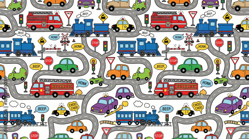 Naklejka premium Cute Cartoon Transportation Seamless Pattern. Hand-drawn doodle background with colorful cars, trains, fire trucks, and traffic signs on winding roads.