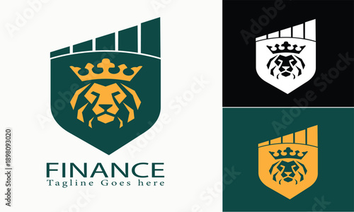 Royal lion crest with crown and growing bar chart symbolizing financial growth strength and leadership in business and investment ventures elegant vector emblem