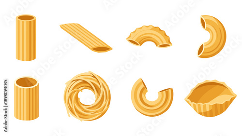 Variety of pasta shapes: rigatoni, penne, fusilli, and more in detailed style