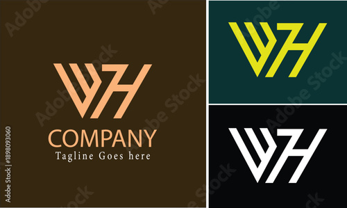 Modern wh monogram logo design in abstract geometric style featuring clean lines and sharp angles presented in multiple color variations for versatile branding ideal for corporate