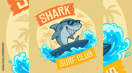 Vintage Shark Surfing Mascot Logo - Cartoon Summer Beach Surf Club Emblem Design with Palm Trees and Waves