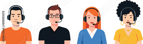 diverse male and female customer service representatives wearing headsets, call center agent avatar set for support and helpdesk concepts,