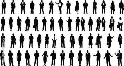 Huge set of business people silhouettes, men and women in suits standing and walking, vector illustration, isolated on white background, corporate team concept