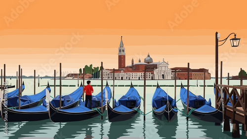 Serene gondolas at sunset with san giorgio maggiore in venice