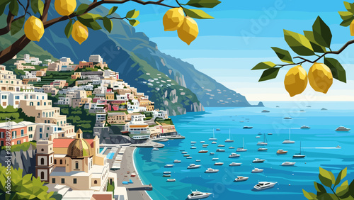 Scenic coastal view of mediterranean village with lemon tree overlooking the sea