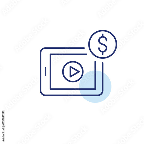 Video on tablet and dollar. Playback button, video monetization value, paid media content. Pixel perfect, editable stroke vector icon