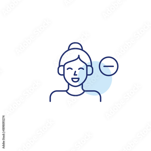 Woman in headphones listening to music or podcast and minus. Subscription cancelled, audio unavailable. Pixel perfect, editable stroke vector icon
