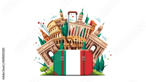 Italian landmarks with flag suitcase: roman architecture and travel journey