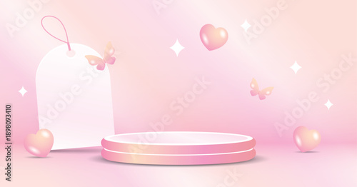 beauty style sweet pastel gradient background with podium display and cute girly graphic element 3d illustration vector for putting object or product