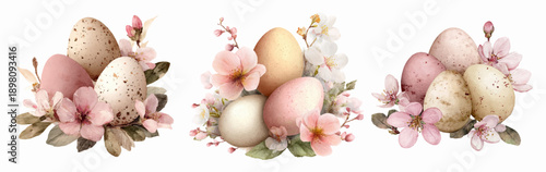 Spring Easter collection featuring watercolor eggs decorated with delicate sakura patterns. Charming vintage-style illustrations in soft pastel colors for festive projects. Vector illustration.