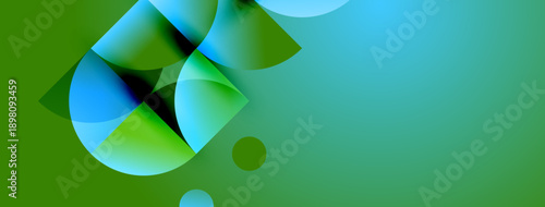 Abstract shapes blend vibrant greens, blues. Smooth gradients create dynamic composition. Modern design evokes energy, flow.