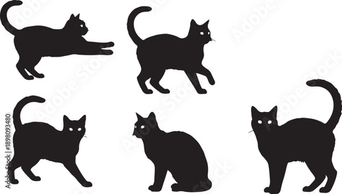 Six black cat silhouettes in various playful and relaxed poses. isolated on white background, Vector