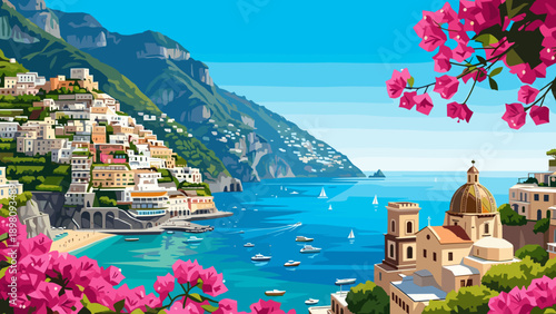 Vibrant coastal townscape with blossoming bougainvillea and sailboats
