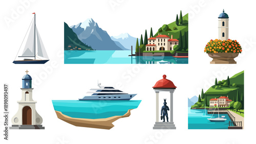 Scenic landscape with mountains and yacht reflecting tranquil coastal retreat