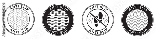 Collection of four circular graphic icons and symbols representing 'anti slip' warnings featuring diverse textures like geometric patterns wavy lines and a footprint with water