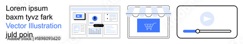 E-commerce, website design, digital platforms, multimedia, online retail, UI UX. A website mockup, shopping cart icon and video player. E-commerce and digital platforms concepts